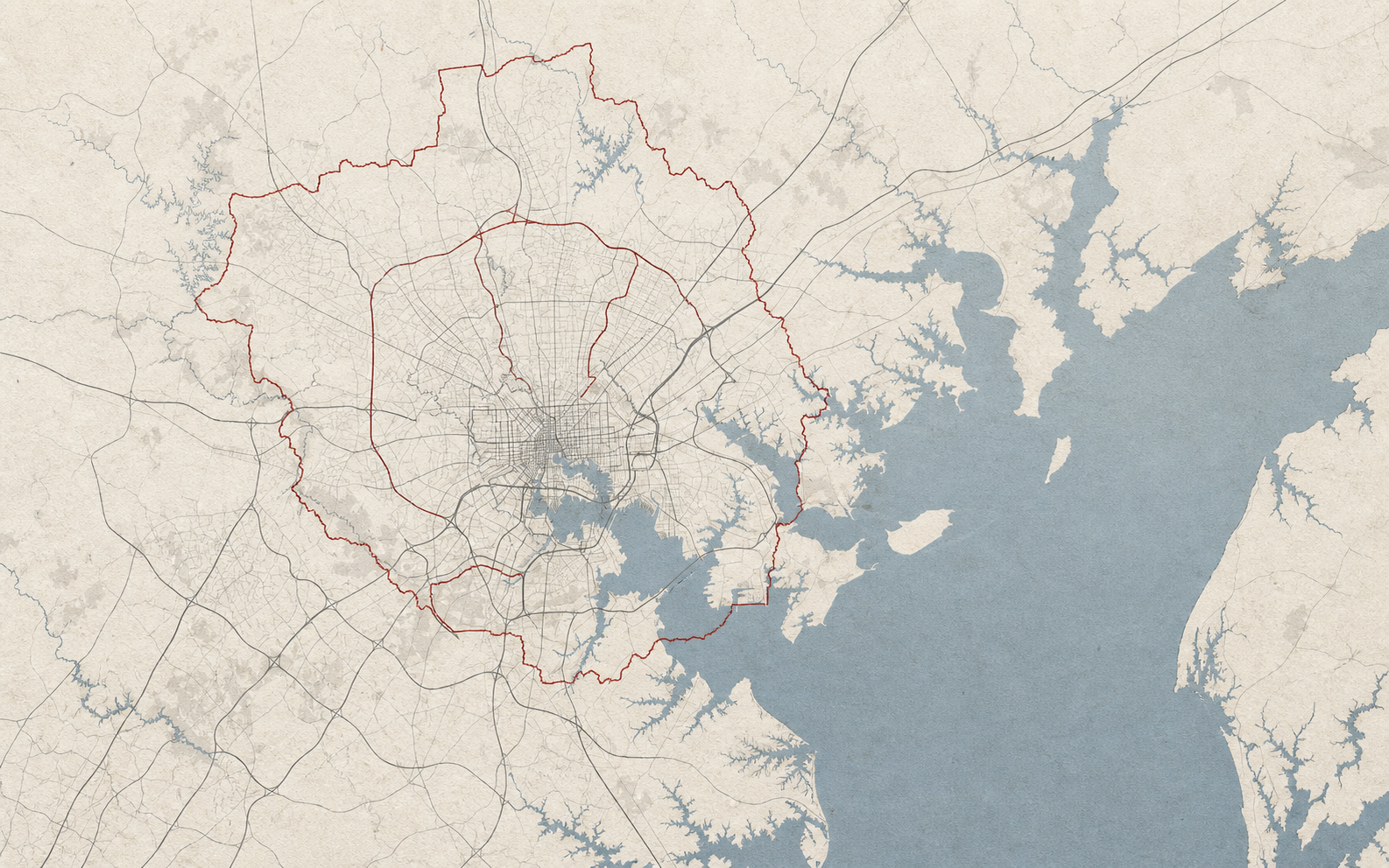 Illustrative service-area map centered on Baltimore City and nearby counties