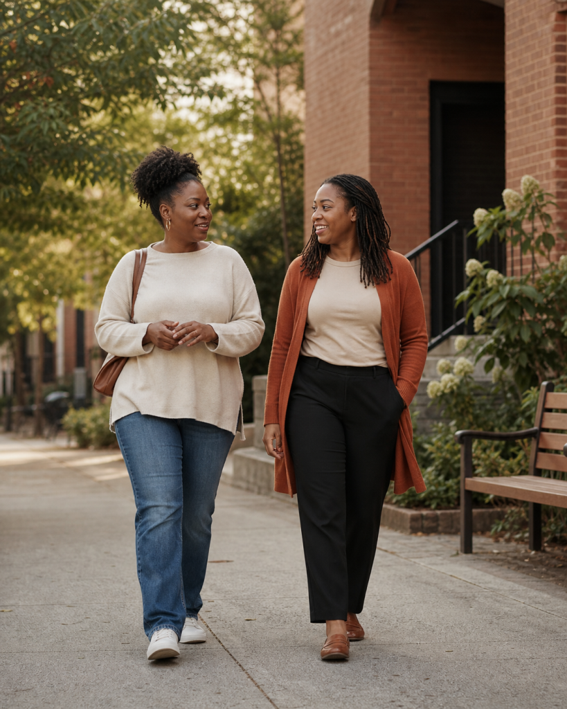 Two women walking together in conversation outside a neighborhood community setting.